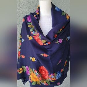 Novica 100% Wool Elegant Navy Floral Embroidered Shawl